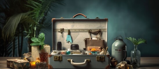 The open gray suitcase on the table contains many items