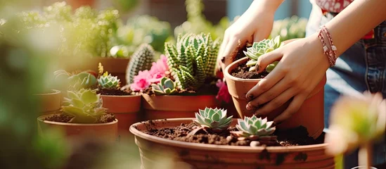 Gordijnen Female hands transplanting cactus in a close up shot symbolizing home gardening and care for plants using gardening tools and a bucket filled with earth for home spring planting © HN Works