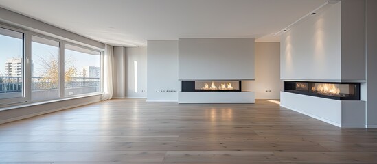 New apartment with living room fireplace and kitchen offering a view