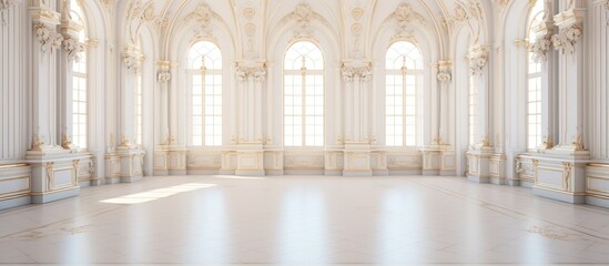 Fototapeta premium Luxurious spacious room with a regal and opulent ambiance adorned with stucco decorations on high walls and ceiling filled with sunlight and an extra white color scheme