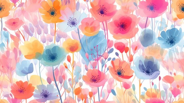 Colorful floral with beautiful petal seamless pattern on white canvas. Flowers painting art background. Generative AI