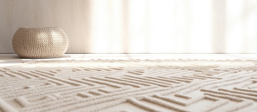 depicted white background rug with ethnic geometric pattern Scandinavian style with long pile and braids