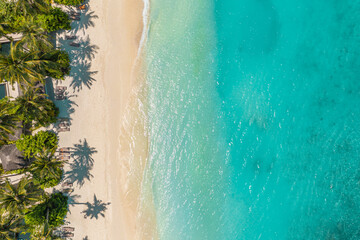 Aerial top view on sand beach. Tropical beach with white sand turquoise sea, palm trees under...