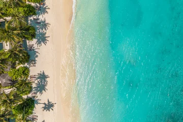 Fototapeten Aerial top view on sand beach. Tropical beach with white sand turquoise sea, palm trees under sunlight. Drone view, luxury travel destination scenic, vacation landscape. Amazing nature paradise island © icemanphotos