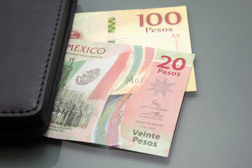México Money - Currency of México, banknotes inside a wallet, close-up on dark background. Cash money