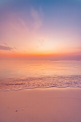 Closeup sea sand beach. Panoramic beach landscape. Inspire tropical seascape waves horizon....