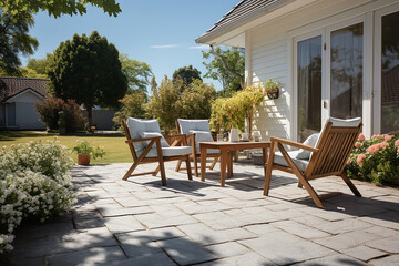 open veranda with table and chairs in front of a white country house, near the lawn, in sunny lawn weather