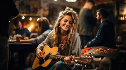 Girl playing guitar in a cafe