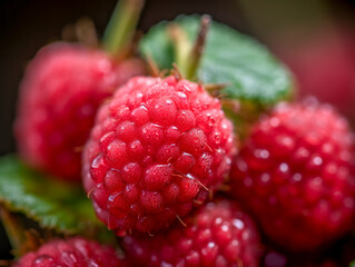 Nahaufnahme, Close-up frisch gepflückter Himbeeren, Generative KI