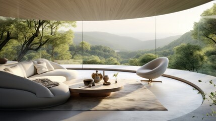 Fototapeta premium Ultra-Modern House with a Circular Window that Connects a Room to Nature Overlooking a Beautiful View