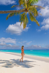 Beautiful carefree woman bikini suntan sunbathing, ocean tropical coast. Palm tree shadow on closeup sandy beach. Travel vacation paradise panoramic banner blue sea sky. Happy leisure summer lifestyle