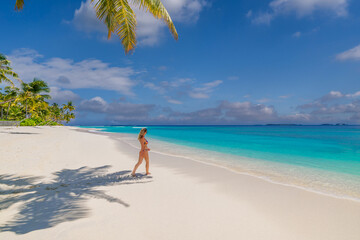 Beautiful carefree woman bikini suntan sunbathing, ocean tropical coast. Palm tree shadow on...