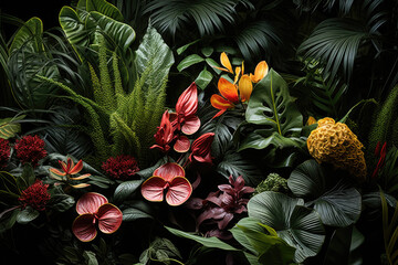 Obraz premium Exotic flowering plants and Green leaves in garden