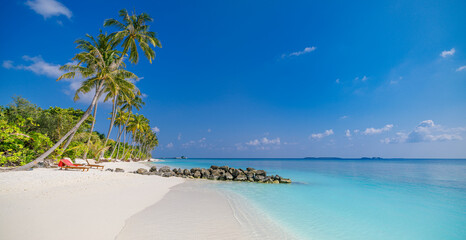 Beautiful tropical beach at exotic island with coconut palm trees and rocks breakwater. Tranquil relaxation landscape blue sky sea closeup sand. Idyllic inspire vacation background. Paradise wallpaper