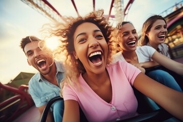 Friends riding roller coaster ride at amusement park.  People having fun at amusement park....