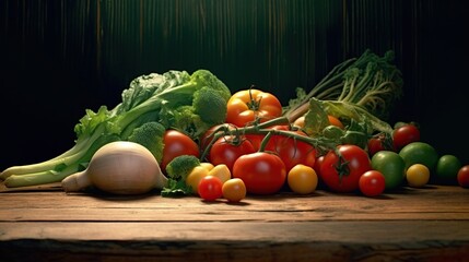 Composition with variety of raw organic vegetables on wooden shelf. Food background