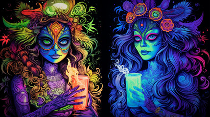 Fototapeta na wymiar Uv fluorescente reativa feminina indiana fumando arte tapeçaria luz preta hippie rock 