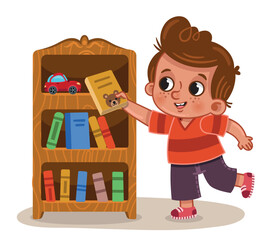 Vector illustration of little boy taking a book from his library.