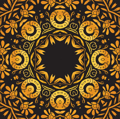 Luxury ornamental mandala design background in gold, Luxury wedding invitation, Ornamental floral corner frame, black background with gold mandala decoration