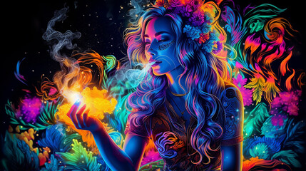 Uv fluorescente reativa feminina felina fumando arte tapeçaria luz preta hippie rock  - obrazy, fototapety, plakaty