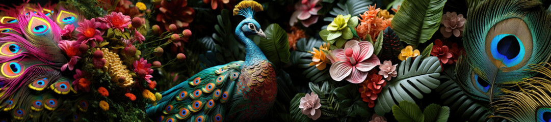 Fototapeta premium Colorful panorama with Peacock in tropical garden with exotic plants and flowers wallpaper