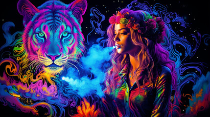 Uv fluorescente reativa feminina felina fumando arte tapeçaria luz preta hippie rock  - obrazy, fototapety, plakaty