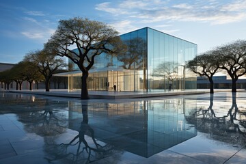 Futuristic Glass Edifice: Where Architecture and Sky Merge in Reflection