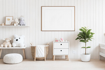 Fototapeta na wymiar Horizontal wood frame white children room interior