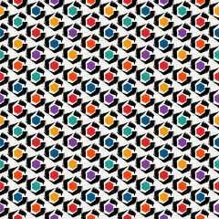 Paint brush hexagons. Hand drawn honeycombs background. Hexahedrons wallpaper. Hives motif. Geometric backdrop. Ethnic digital paper. Web designing. Textile print. Seamless pattern.