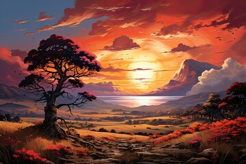 Experience the tranquility of an AI-painted sunset casting warm hues over a tranquil countryside, where every stroke of AI-generated art captures the serenity of the moment.