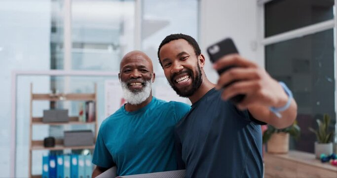 Happy black people, yoga and selfie in memory, photography or zen exercise, workout and fitness at clinic. Excited African men or yogi smile for photograph, vlog or social media together at hospital