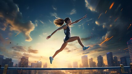 Fototapeta na wymiar une athlète sautant vers le ciel, généré par IA