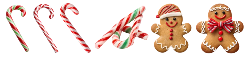 Abwaschbare Fototapete Set of Candy cane and Gingerbread man cookie biscuit on transparent background cutout. PNG file. Many assorted different design. Mockup template for artwork design © Sandra Chia