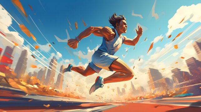 un athl&egrave;te de profil courrant &agrave; toute vitesse dans un stade, g&eacute;n&eacute;r&eacute; par IA