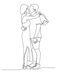Couple hugging. Holding shopping bag. Black and white vector illustration in line art style.