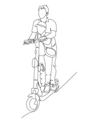 Man and boy riding electric scooter. Having fun. Vector illustration in line art style.