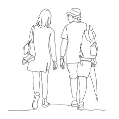 Man and woman with backpacks walking. Holding umbrella. Black and white vector in line art style.