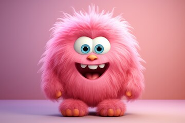 Fototapeta premium Cute pink furry monster 3D cartoon character