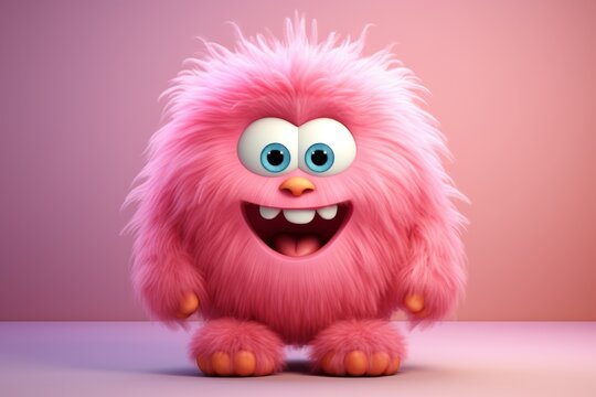 Cute pink furry monster 3D cartoon character