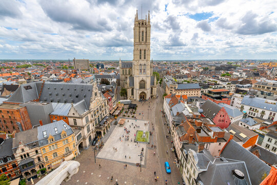 The medieval Gothic Saint Bavo's Cathedral, also known as Sint-Baafs Cathedral seen from the top of the Ghent Belfry in the historic old town of Ghent, Belgium.