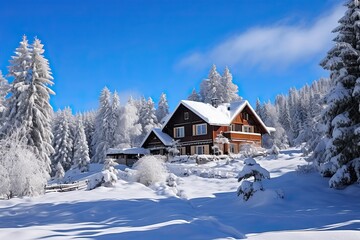 Naklejka premium Wooden cottage house under the snow, winter mountain landscape. 