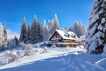  Wooden cottage house under the snow, winter mountain landscape. 