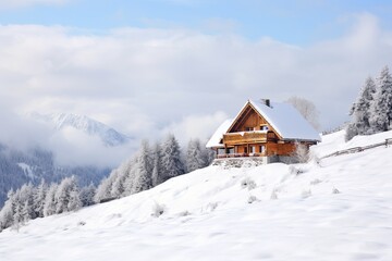  Wooden cottage house under the snow, winter mountain landscape. 