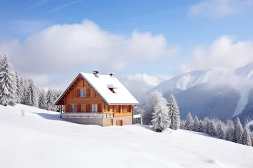 Fotobehang  Wooden cottage house under the snow, winter mountain landscape.  © Maria Tatic