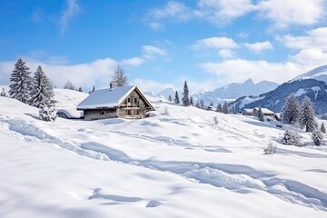 Naklejka premium Wooden cottage house under the snow, winter mountain landscape. 
