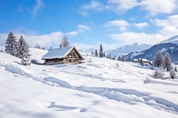 Fototapeta na wymiar Wooden cottage house under the snow, winter mountain landscape. 