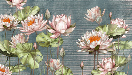 Bright art painted water lilies on a blue texture background, art drawing, photo wallpaper