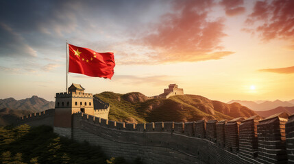 China flag on the great Wall of China landscape