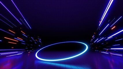 3d abstract technology glowing neon fast speed light background, empty space scene, reflection floor, virtual reality, cyber space futuristic sci-fi background, motion line high speed for mock up. © TANATPON