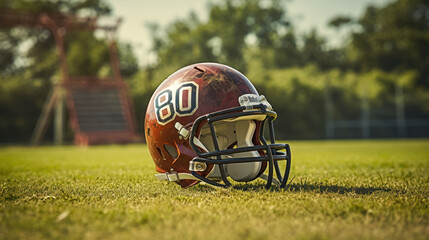 Still American football helmet on the grass